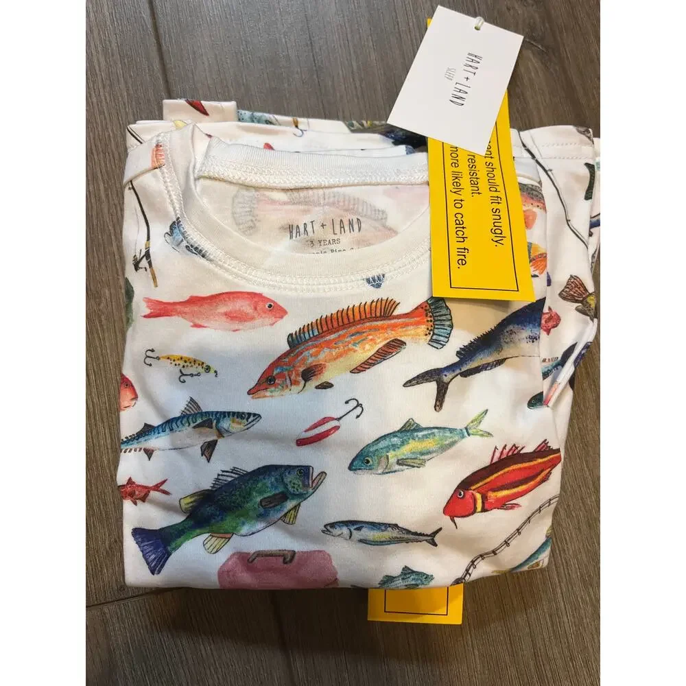 Hart+Land Gone Fishing Patterned Organic Pima Cotton Kids Pajama Set 3T